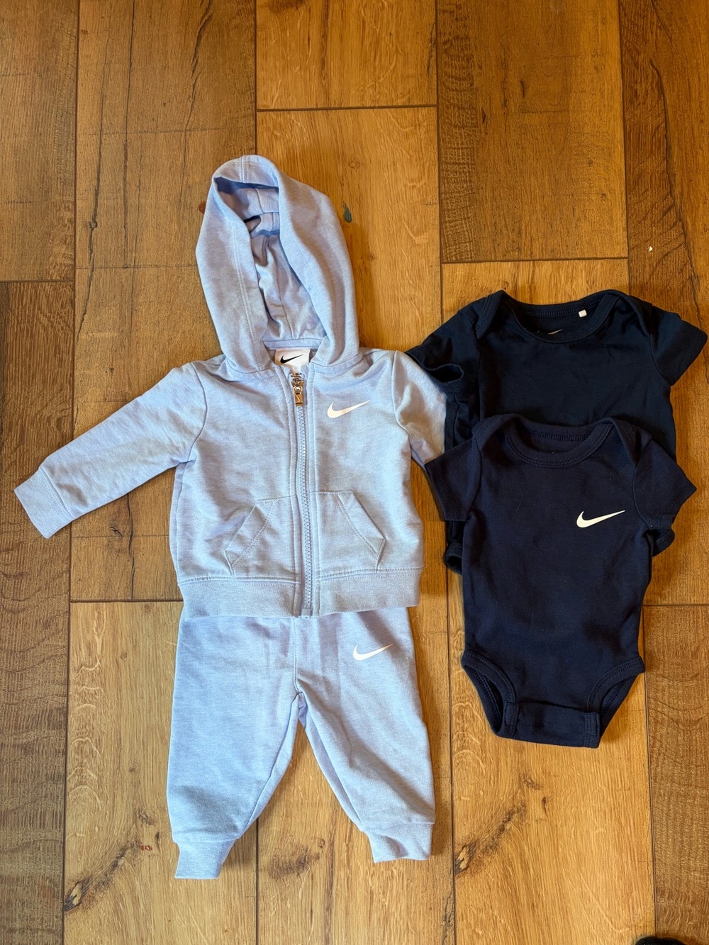 Nike Light Blue Hoodie & Pants Set with Navy Short-Sleeve Bodysuits